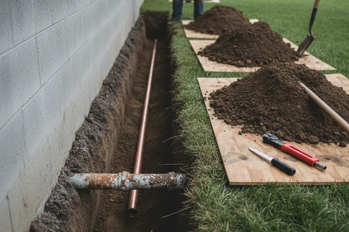 Excavated water line trench during Water Softener Installation in Roselle Park